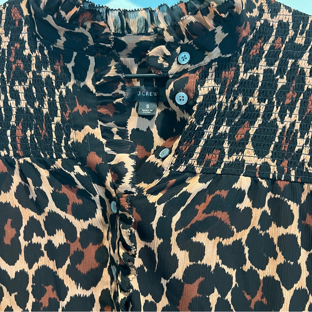 J.Crew Smocked Popover Top Leopard Crinkle Chiffon Blouse - Picture 3 of 8